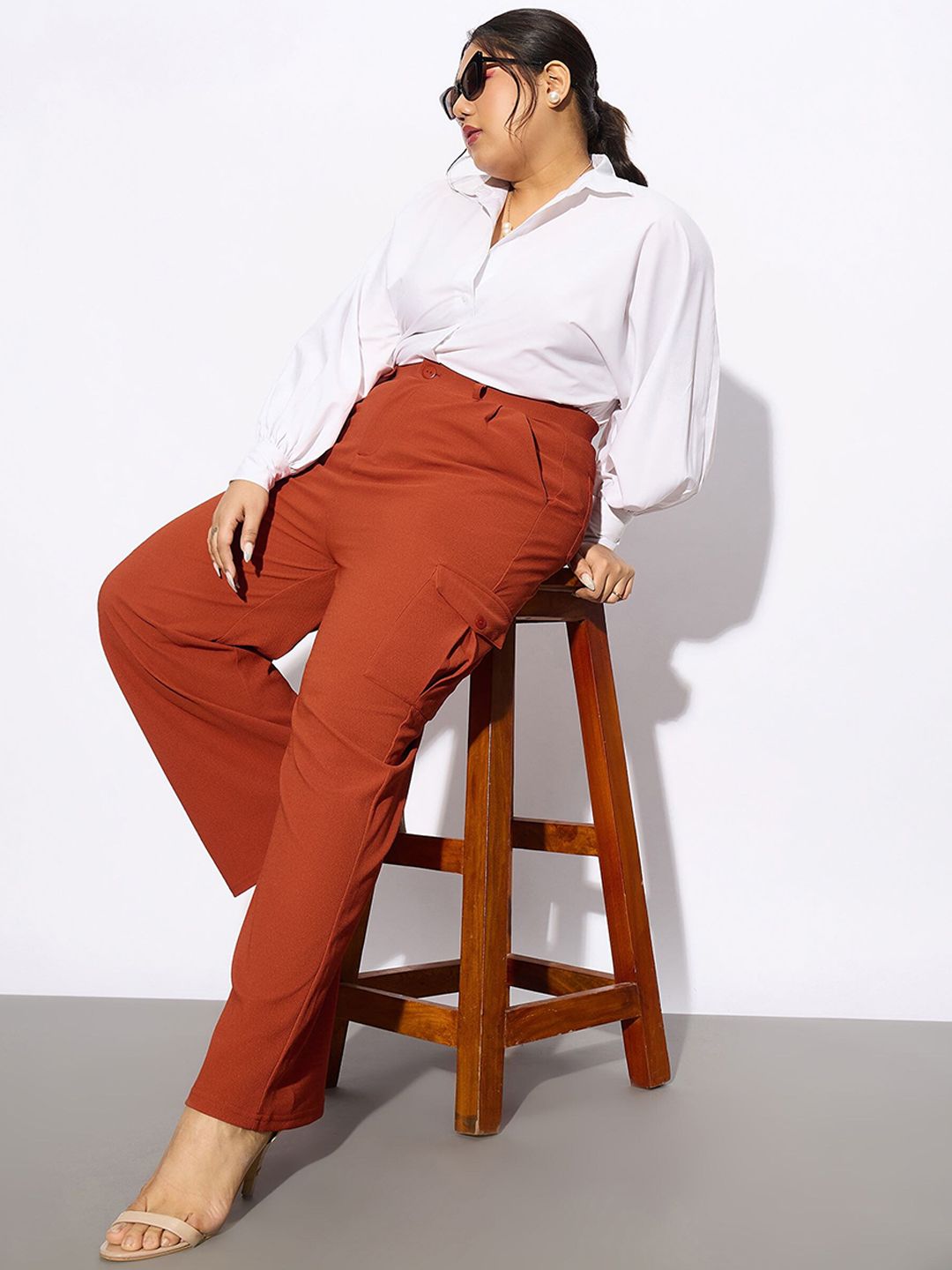 SASSAFRAS Curve Women Plus Size Rust Orange Straight Fit Pleated-Front Cargos Trousers