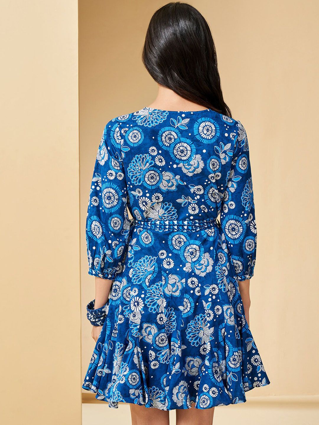 Global Desi Floral Printed Cuffed Sleeves Gathered Cotton Fit & Flare Ethnic Dress