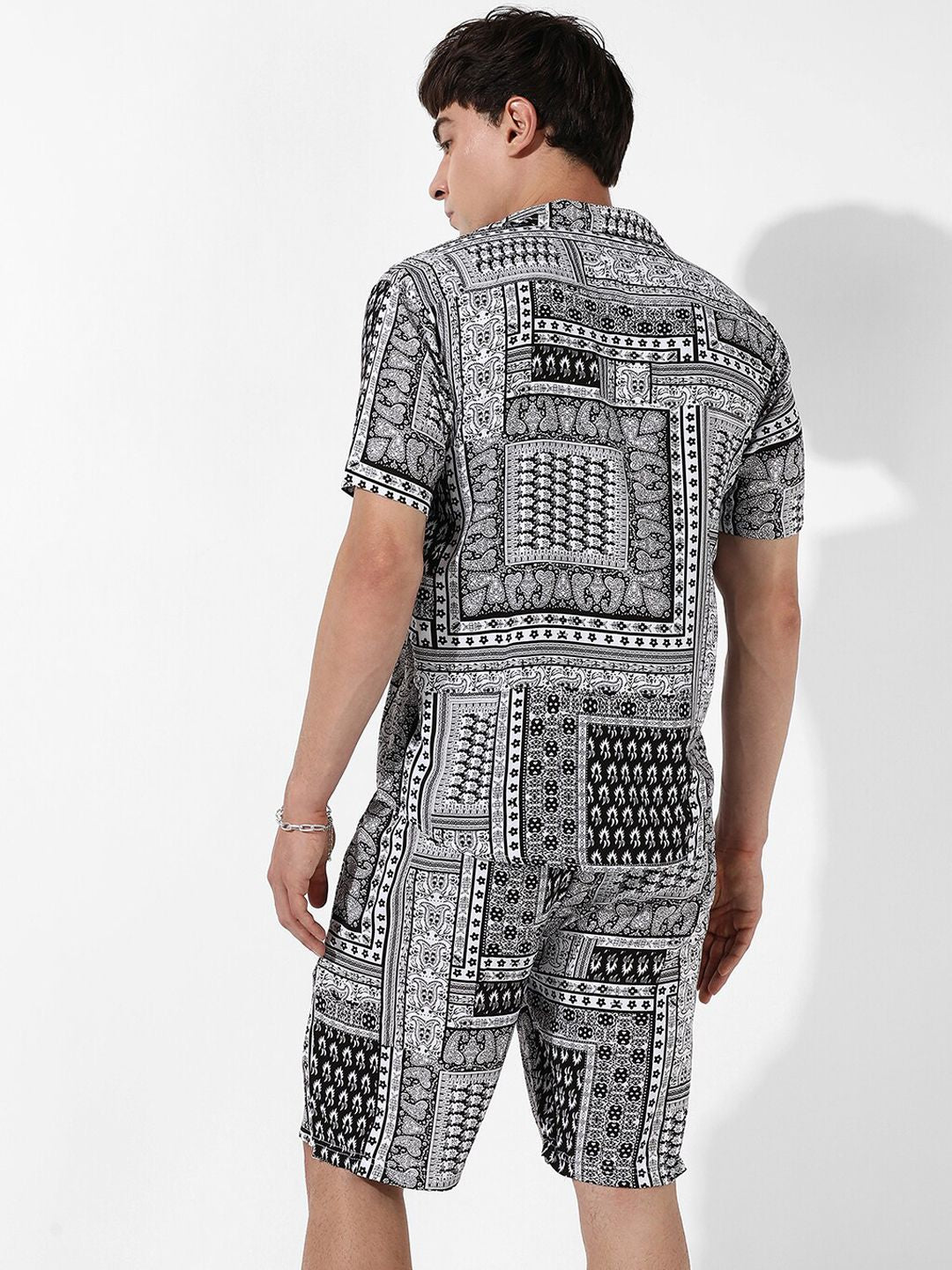 Campus Sutra Men Black & White Bohemian Printed Shirt Collar Co-Ord