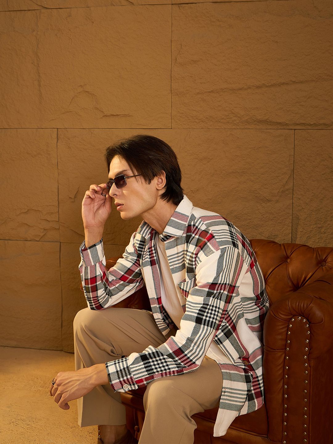 DENNISON Men Double Pocket Drop Shoulder Oversized Cotton Checked Shacket