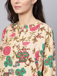 SOJANYA Women Beige & Green Printed Straight Kurta