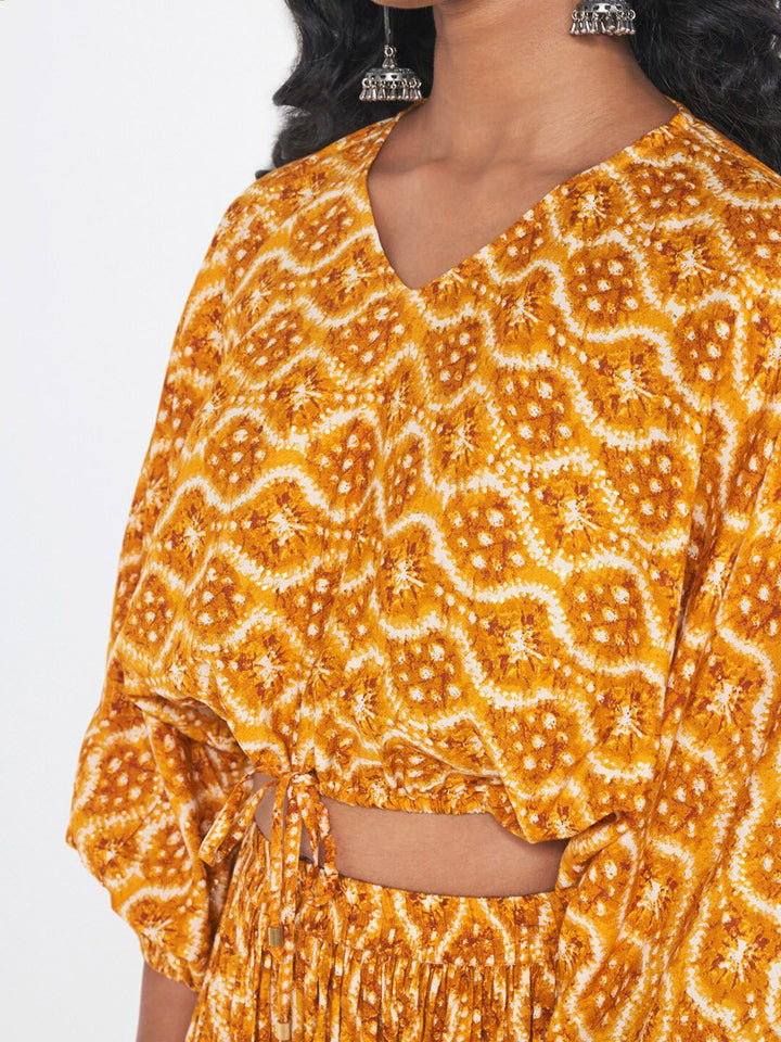 Global Desi Printed V-Neck Top & Skirt