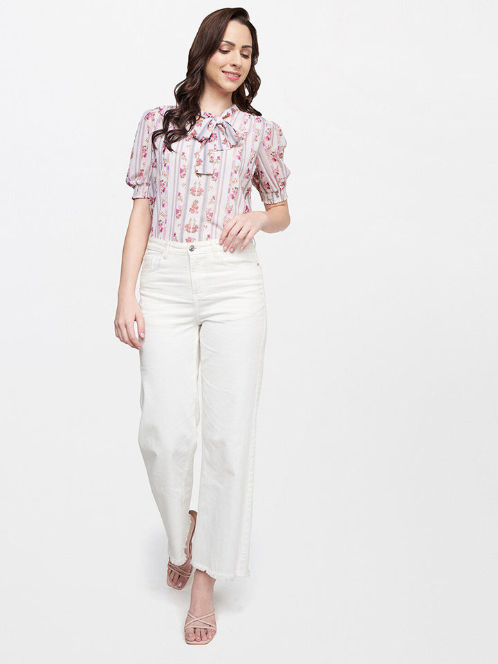 AND Women Beige & Peach Coloured Floral Print Tie-Up Neck Shirt Style Top