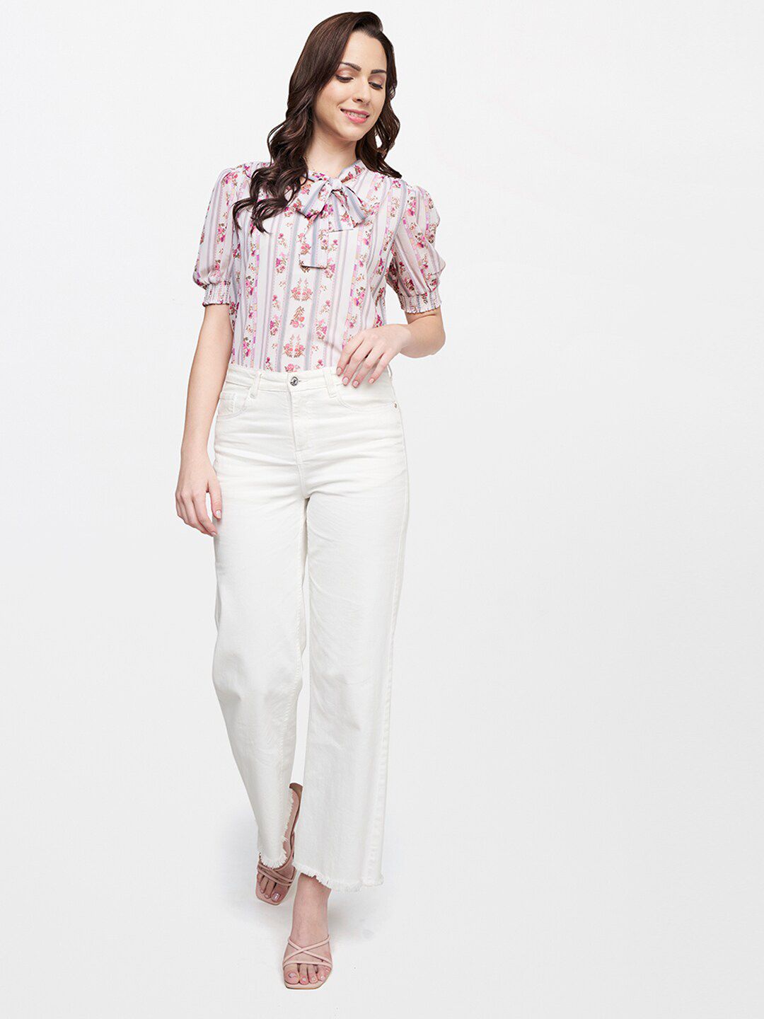 AND Women Beige & Peach Coloured Floral Print Tie-Up Neck Shirt Style Top
