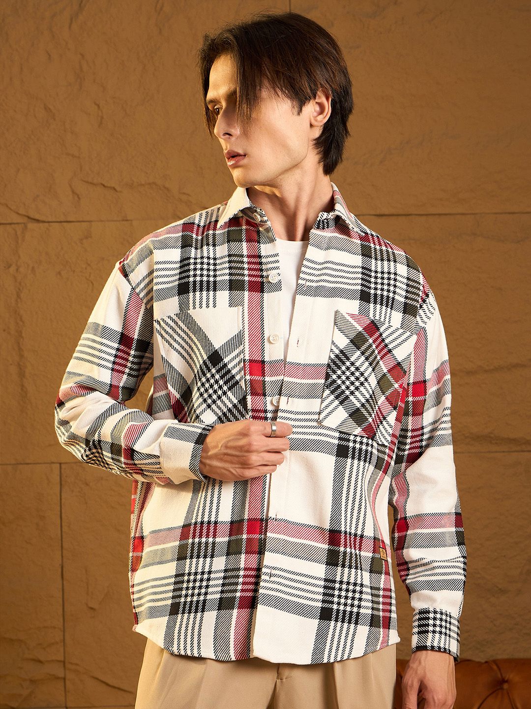 DENNISON Men Double Pocket Drop Shoulder Oversized Cotton Checked Shacket