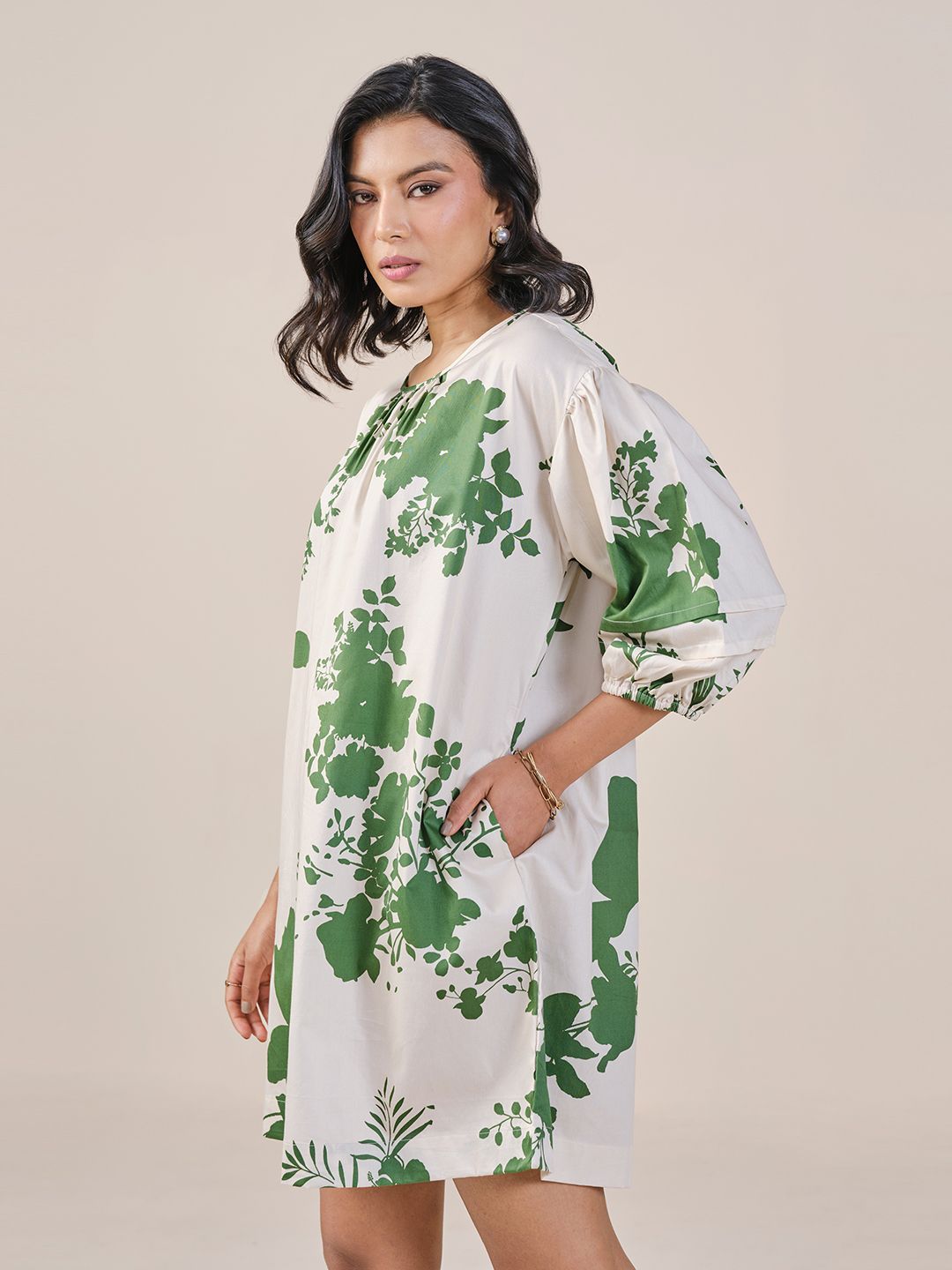 AND Floral Print Tie-Up Neck Puff Sleeve A-Line Dress