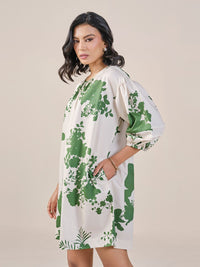 AND Floral Print Tie-Up Neck Puff Sleeve A-Line Dress