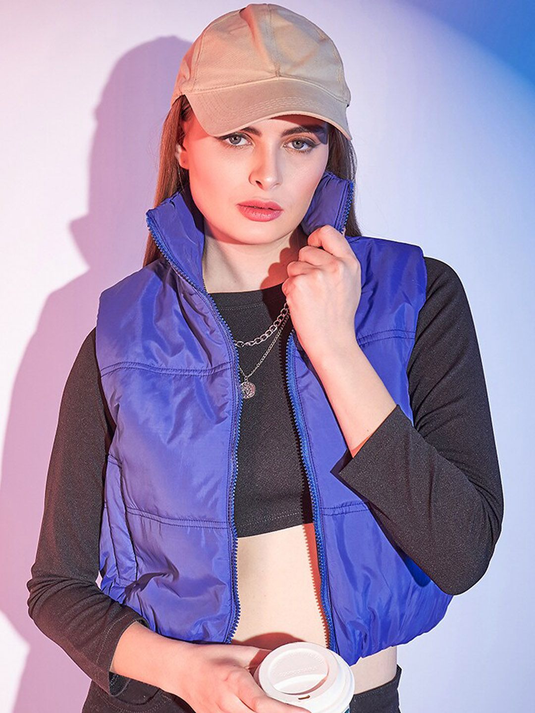 STREET 9 Blue Stand Collar Sleeveless Lightweight Crop Puffer Jacket