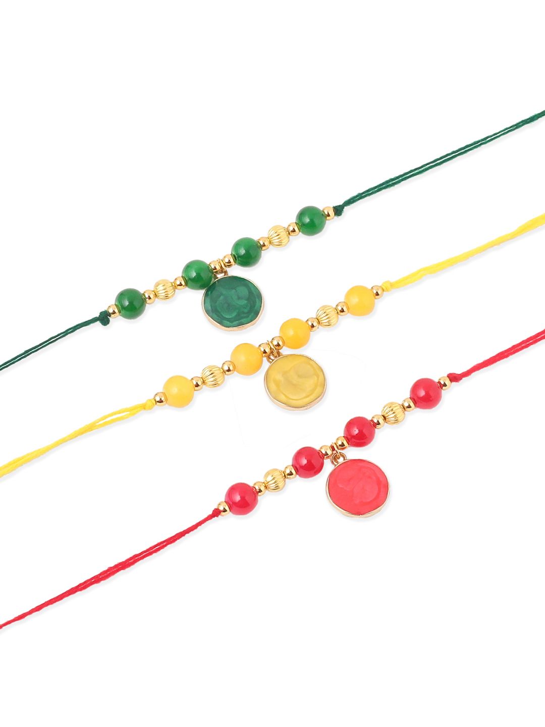NVR Unisex Set of 3 Artificial Beads Thread Rakhi with Roli Chawal Chandan Mishri