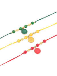 NVR Unisex Set of 3 Artificial Beads Thread Rakhi with Roli Chawal Chandan Mishri