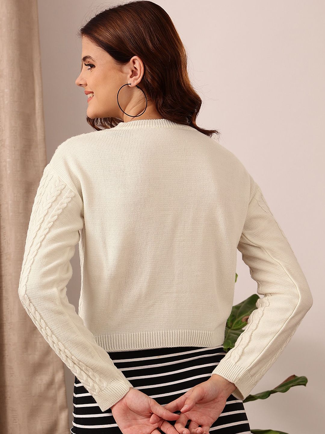 STREET 9 Self Design Round Neck Long Sleeve Acrylic Cable Knit Pullover Sweaters