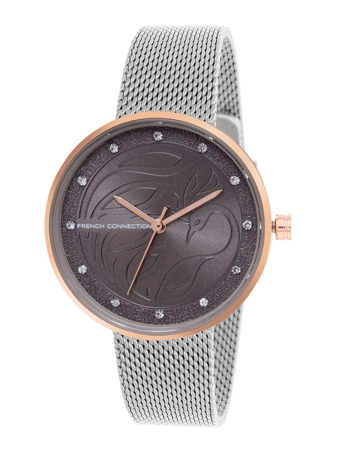 French Connection Women Grey Embellished Dial & Grey Stainless Steel Bracelet Style Straps Analogue Watch
