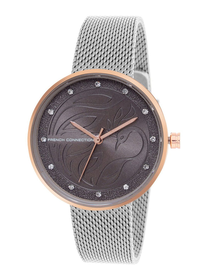 French Connection Women Grey Embellished Dial & Grey Stainless Steel Bracelet Style Straps Analogue Watch