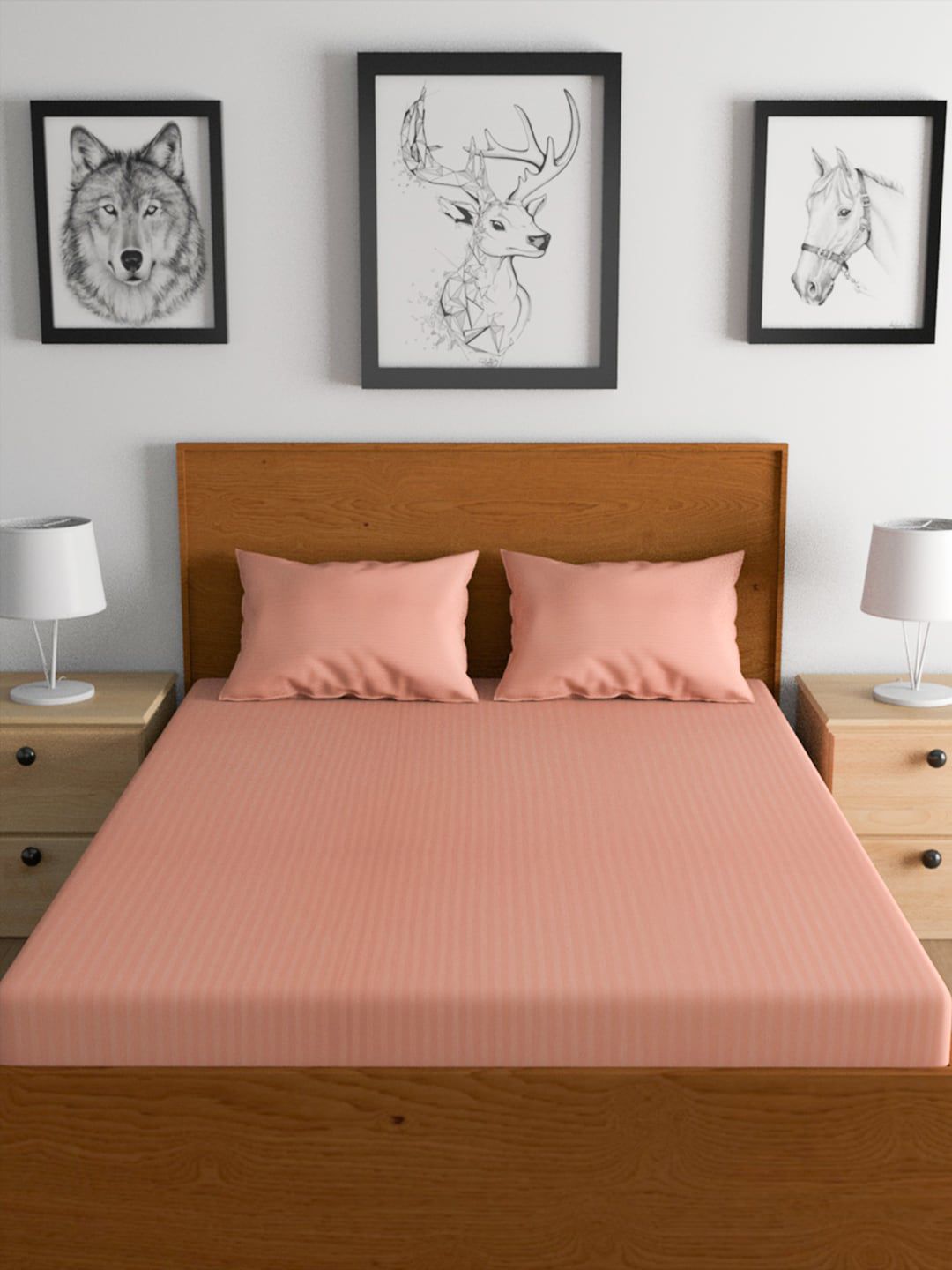 TEAL BY CHUMBAK Peach-Coloured Striped Satin 210 TC Queen Bedsheet With 2 Pillow Covers