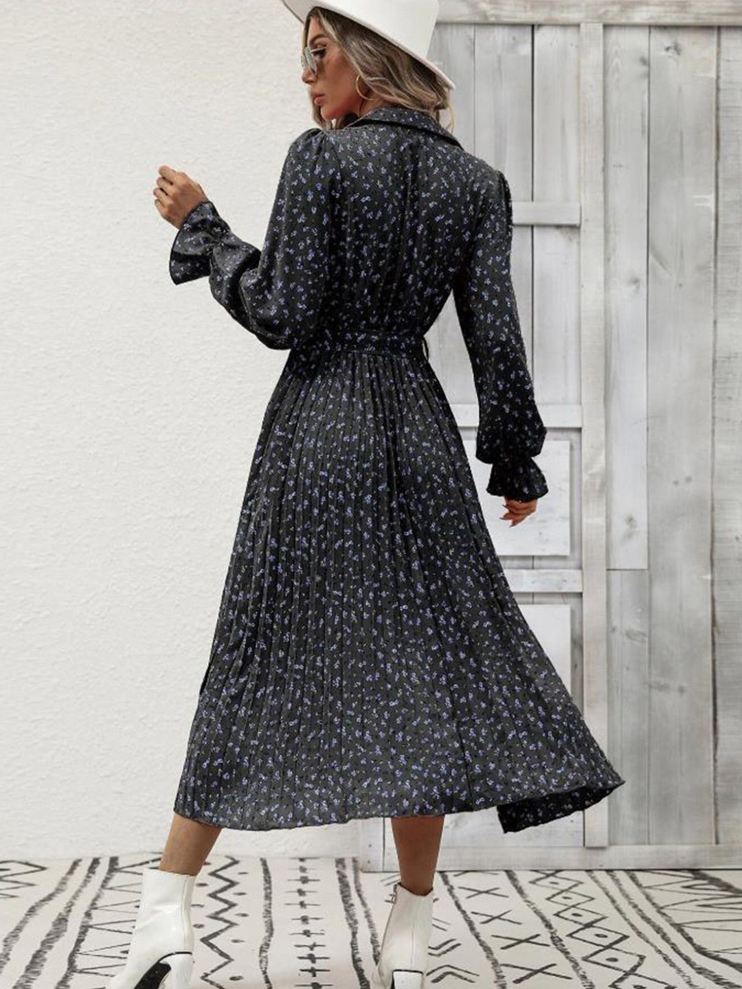 all about you Black Floral Print Bell Sleeve Fit and Flare Dress