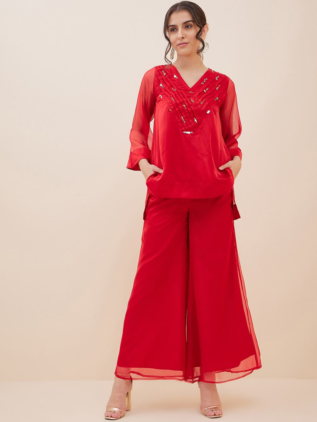 Antheaa Red Embellished Tunic With Palazzos