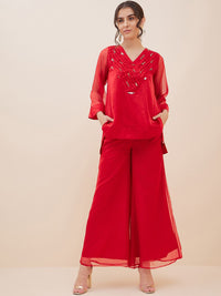 Antheaa Red Embellished Tunic With Palazzos
