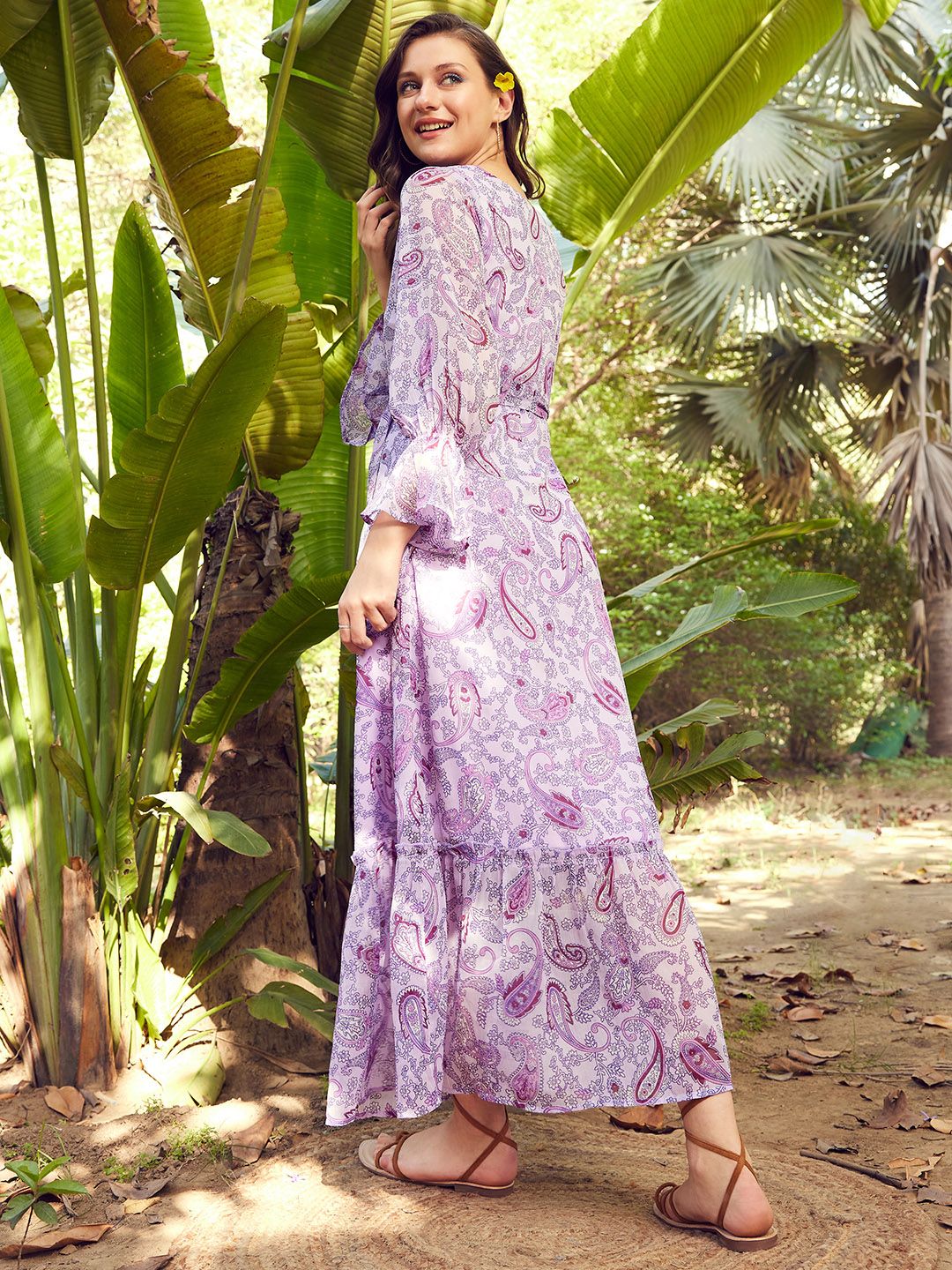 STREET 9 Lavender Floral Printed Puff Sleeves Tiered Maxi Dress With Belt