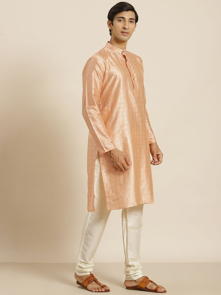 SOJANYA Kurta Berwarna Peach & Golden Checked Lelaki