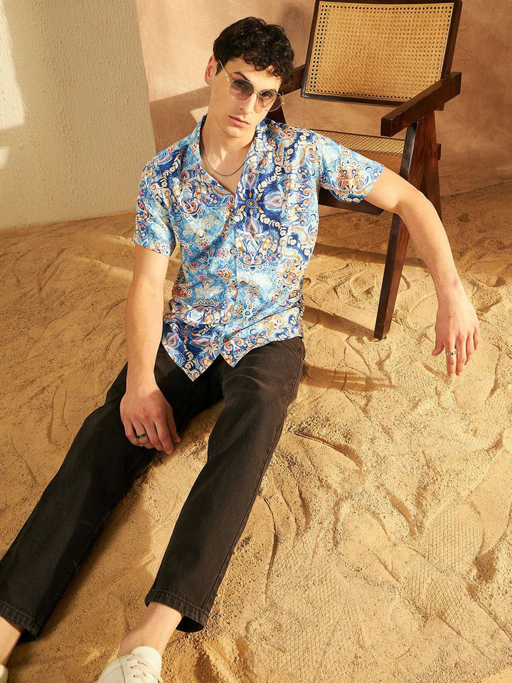 DENNISON Smart Floral Printed Cuban Collar Short Sleeves Casual Shirt