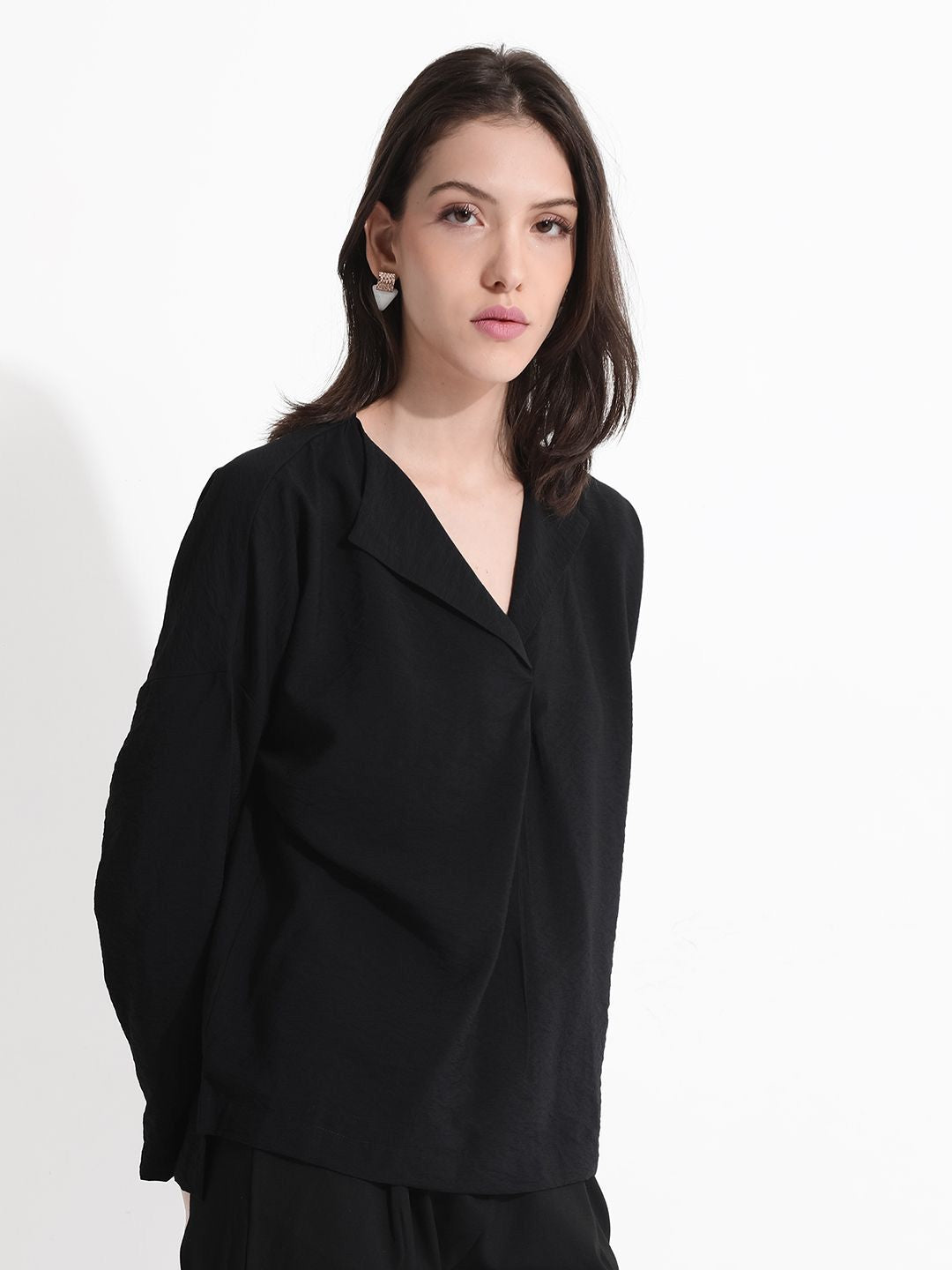 RAREISM Solid Lapel Collar Cotton Top