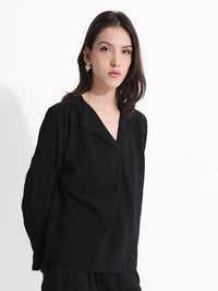 RAREISM Solid Lapel Collar Cotton Top