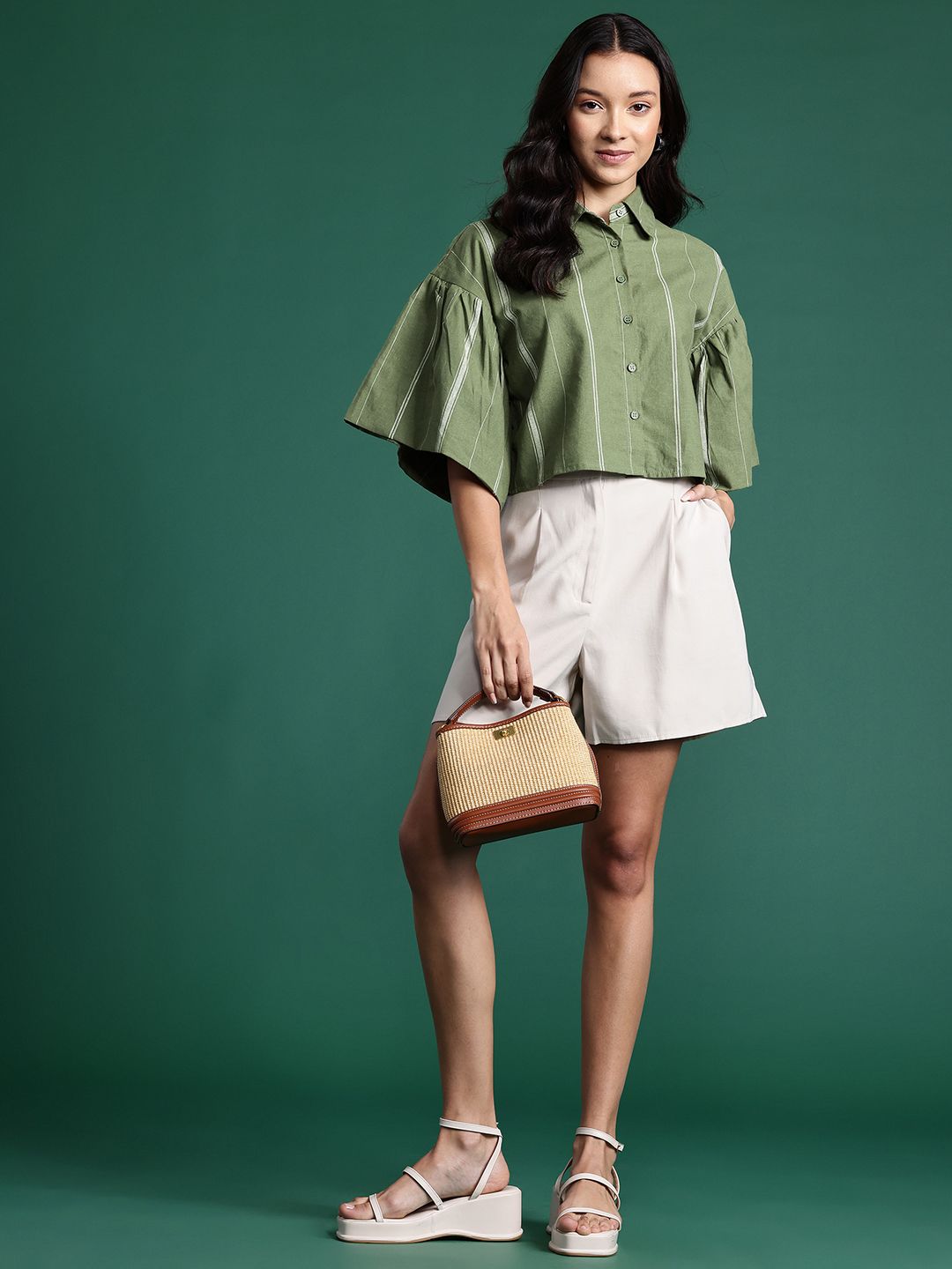 DressBerry Women Boxy Flared Sleeves Striped Casual Pure Cotton Shirt