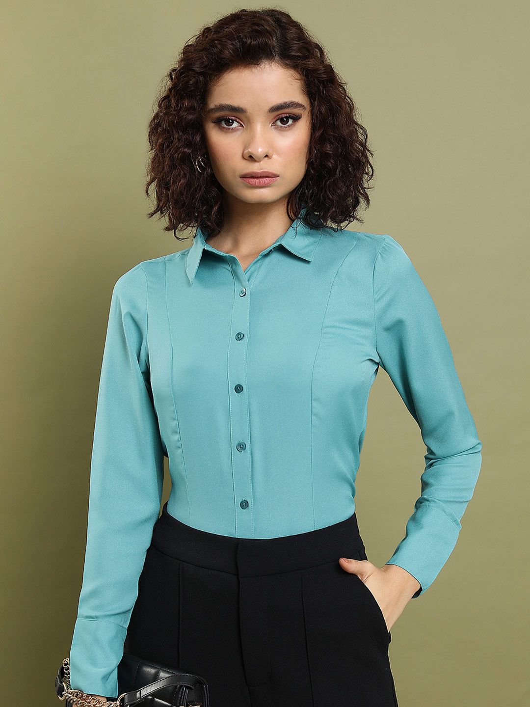CHIC BY TOKYO TALKIES Sea Green Spread Collar Formal Shirt