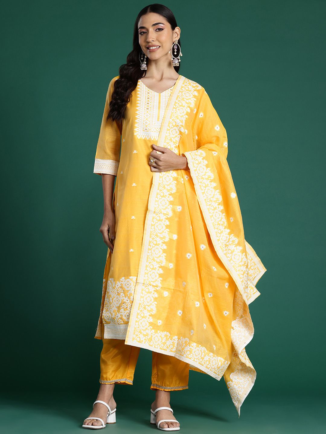 Indo Era Woven Design Jacquard Chanderi Silk Kurta With Trousers & Dupatta