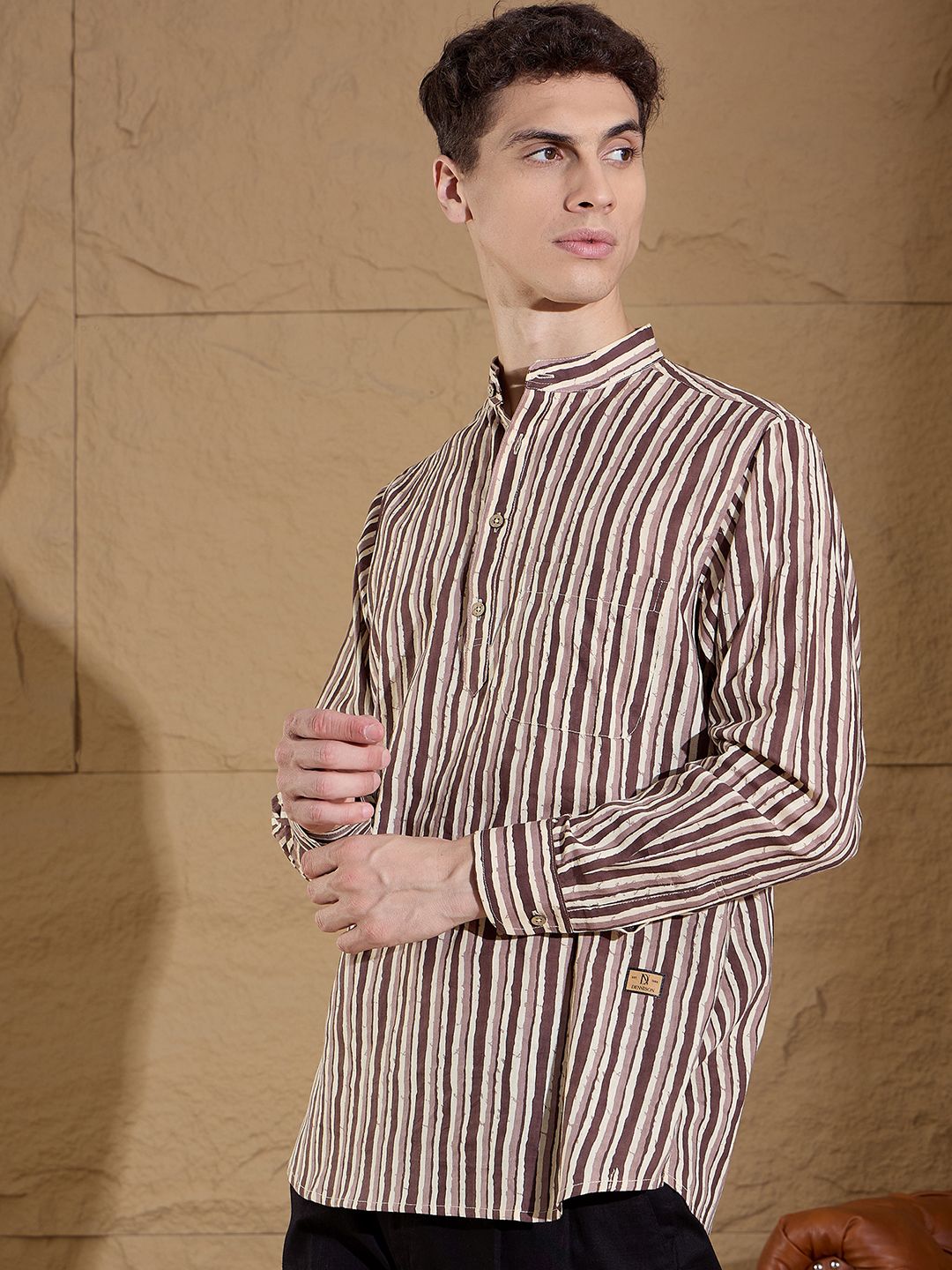 DENNISON Striped Printed Pure Cotton Band Collar Straight Kurta