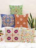 STITCHNEST Green & Off White Set of 5 Ethnic Motifs Square Cushion Covers