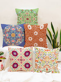 STITCHNEST Green & Off White Set of 5 Ethnic Motifs Square Cushion Covers