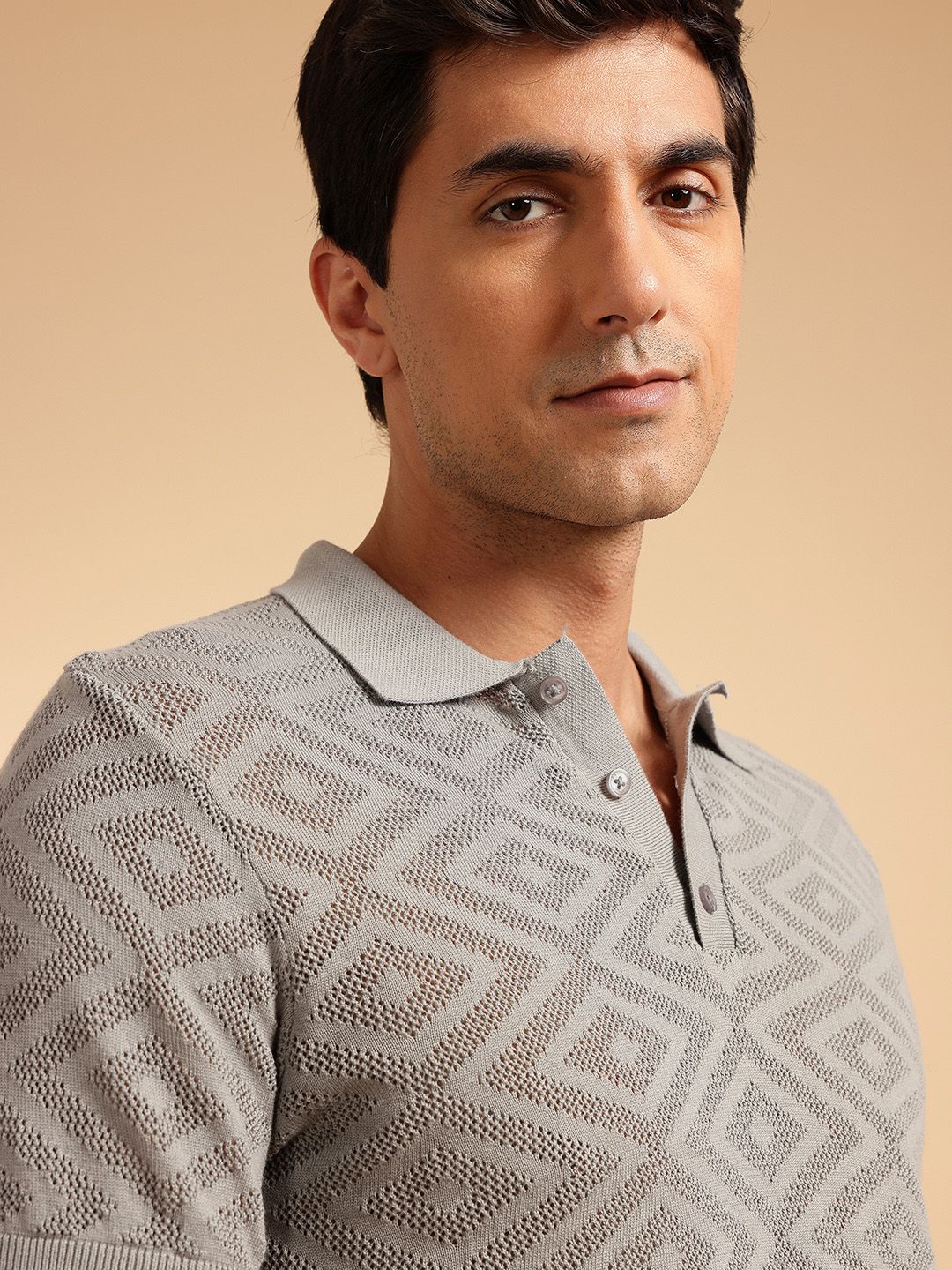 French Connection Geometric Self Design Polo Collar Pure Cotton T-shirt