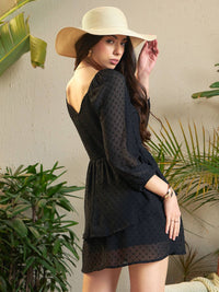 SASSAFRAS Black Self Design Layered Georgette A-Line Dress