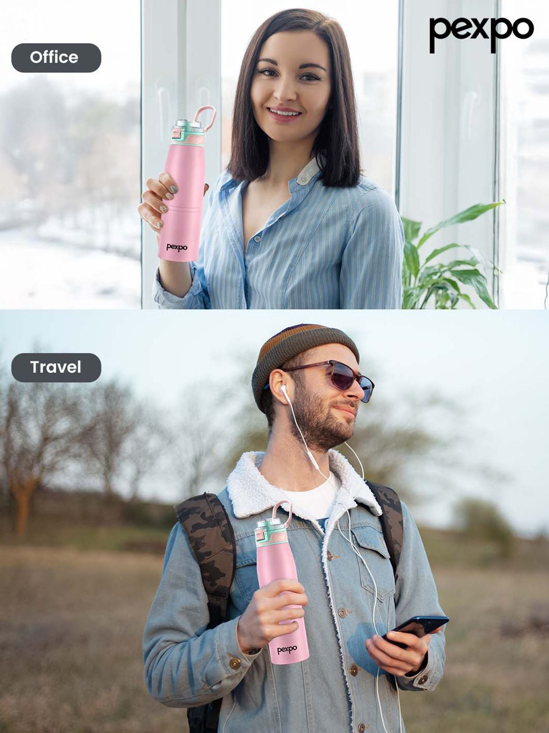 Pexpo Pink & Green Try Ply Stainless Steel Double Wall Vacuum Water Bottle 940ml