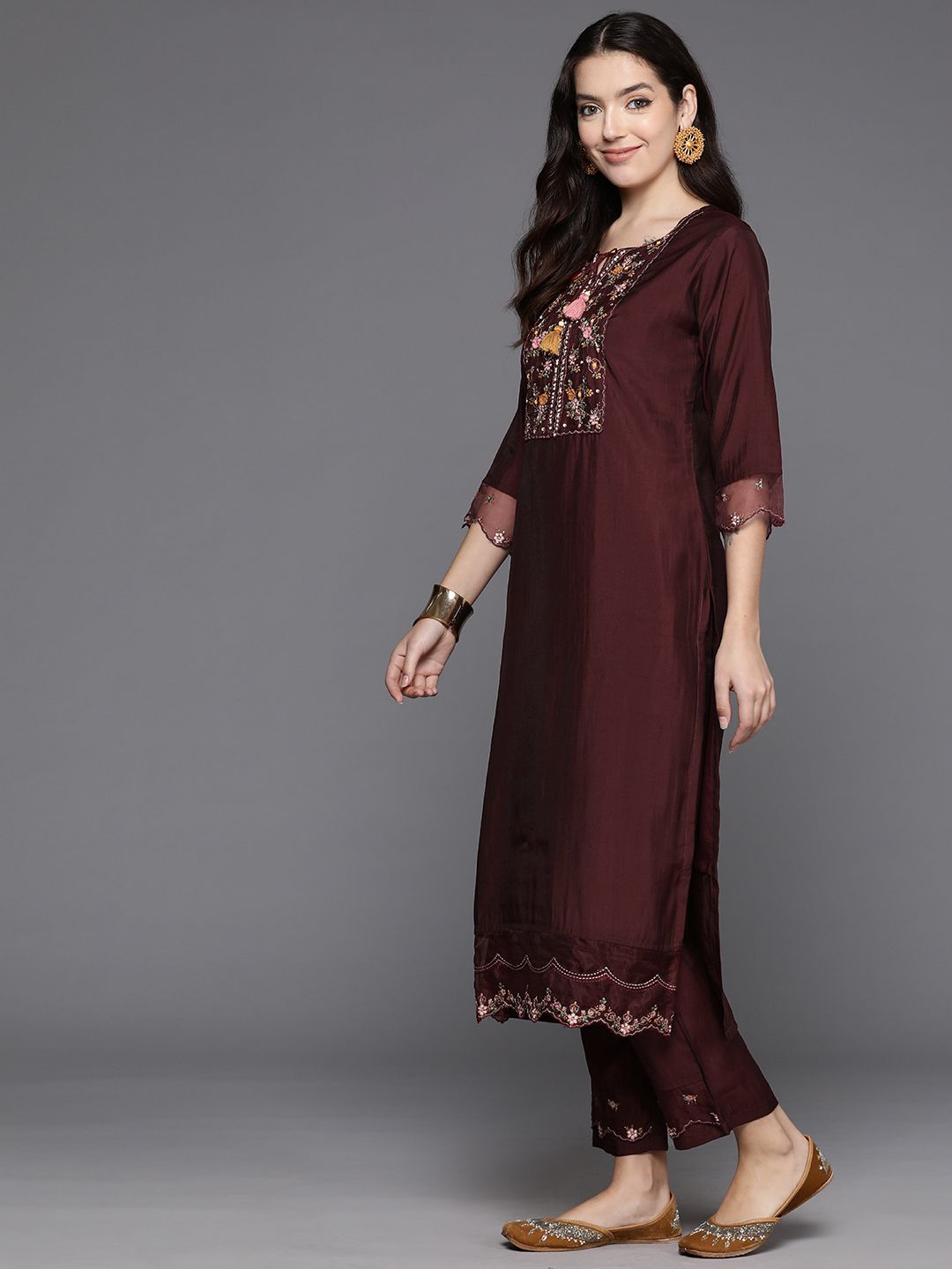 Indo Era Women Floral Embroidered Regular Sequinned Kurta with Trousers & With Dupatta