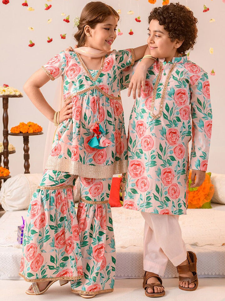 pspeaches Girls Floral Printed Pure Cotton Kurta With Sharara &  Dupatta