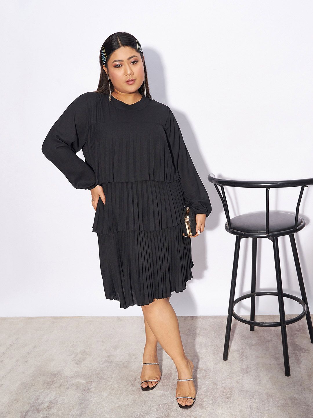 SASSAFRAS Curve Plus Size Accordion Pleats & Tiered Cuffed Sleeves A-Line Dress