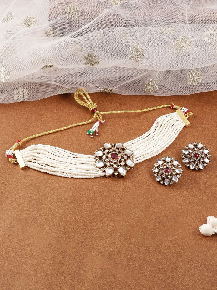 Rubans 22K Gold-Plated Kundan & Ruby Studded Multi-Strand Pearl Beaded Choker Necklace Set