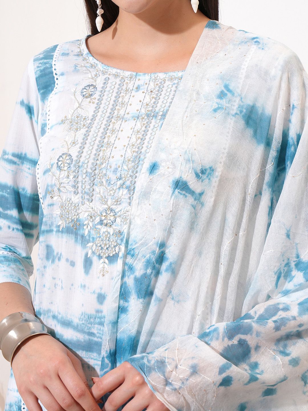 Vishudh Blue Printed Thread Work Pure Cotton Straight Kurta With Trousers & Dupatta