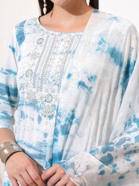 Vishudh Blue Printed Thread Work Pure Cotton Straight Kurta With Trousers & Dupatta