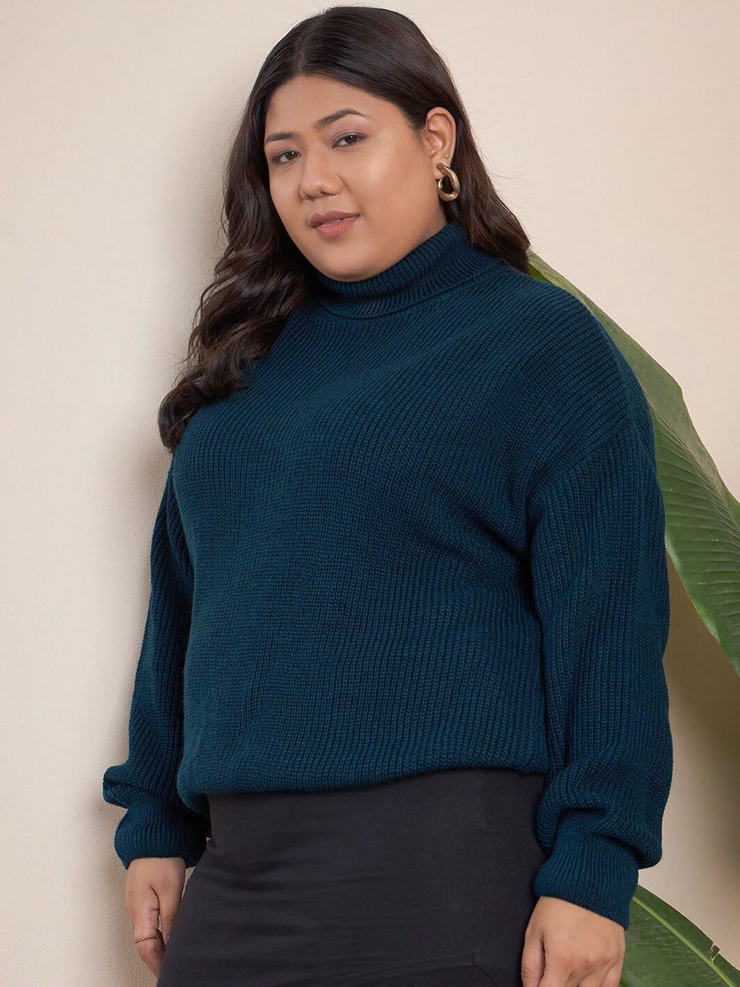 Curvy Street Plus Saiz Ribbed Turtle Neck Acrylic Pullover