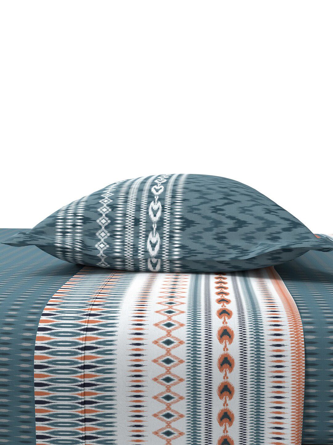 MYTRIDENT Ikkat Stone Blue Sanskriti Flat 144TC King Cotton Bedsheet with 2 Pillow Covers