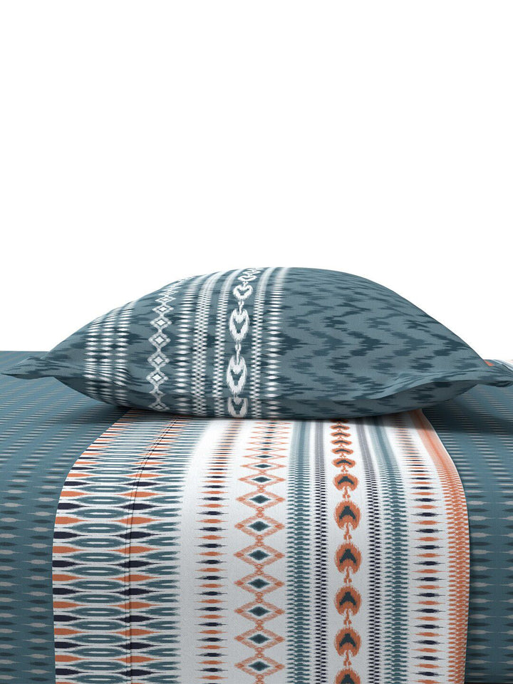 MYTRIDENT Ikkat Stone Blue Sanskriti Flat 144TC King Cotton Bedsheet with 2 Pillow Covers