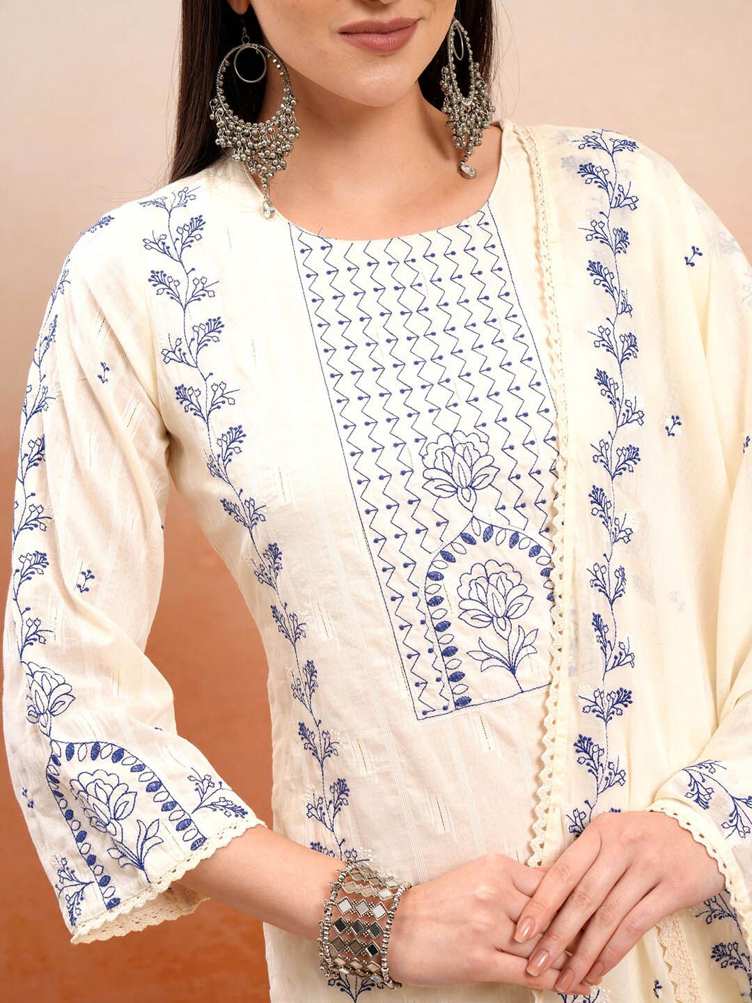 Vishudh Cream Coloured Embroidered Pure Cotton Straight Kurta With Trousers & Dupatta