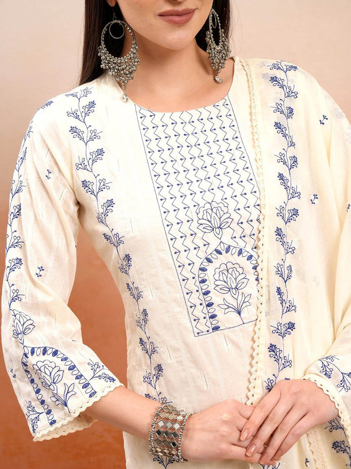 Vishudh Cream Coloured Embroidered Pure Cotton Straight Kurta With Trousers & Dupatta