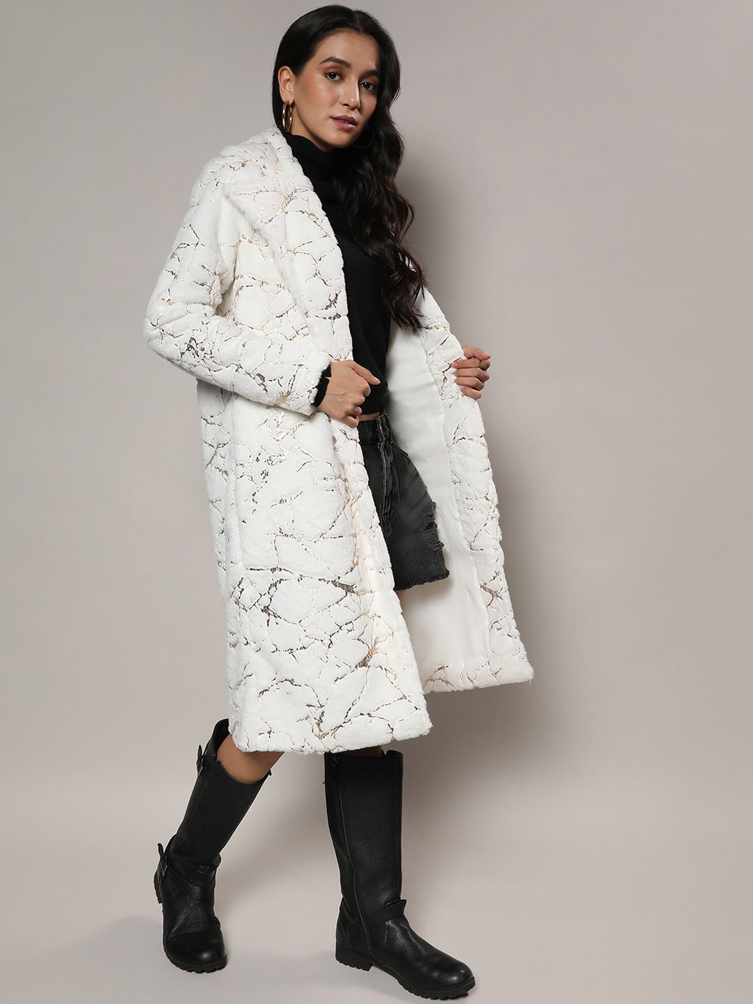Campus Sutra Self Design Notched Lapel Single Breasted Longline Overcoat