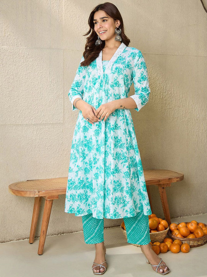 Indo Era Floral Printed V-Neck Pure Cotton A-Line Kurta With Trousers