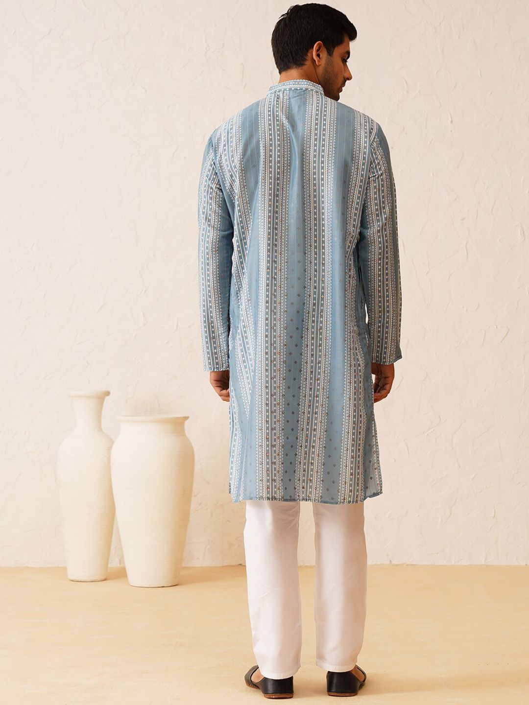 SOJANYA Kurta Lurus Kolar Mandarin Bercetak Geometrik Kapas Sutera