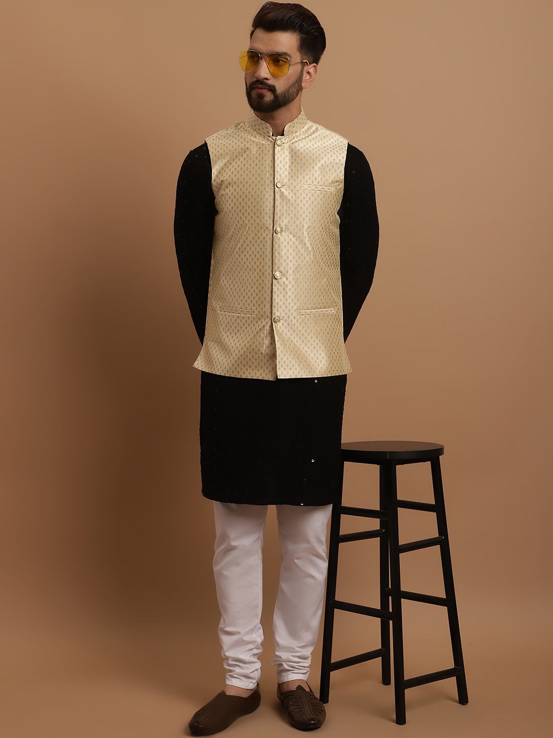 SOJANYA Ethnic Embroidered Sequinned Pure Cotton Kurta & Churidar With Nehru Jacket